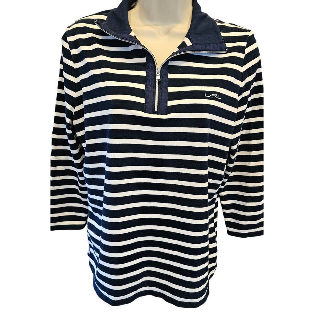Ralph lauren womens 1/4 zip active stretch navy striped casual popover preppy L
